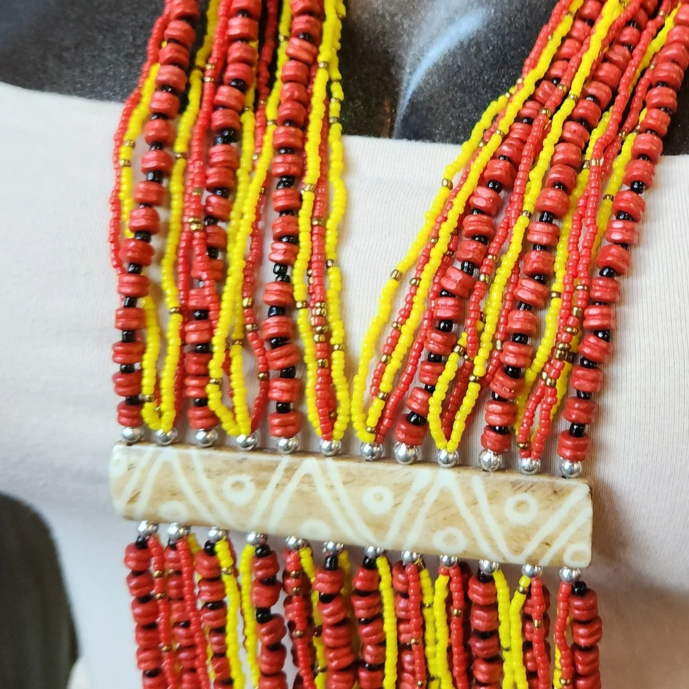 Yellow, Red and Black Beaded Necklace with Camel Bone Accent. Reversable š - Picture 4 of 8